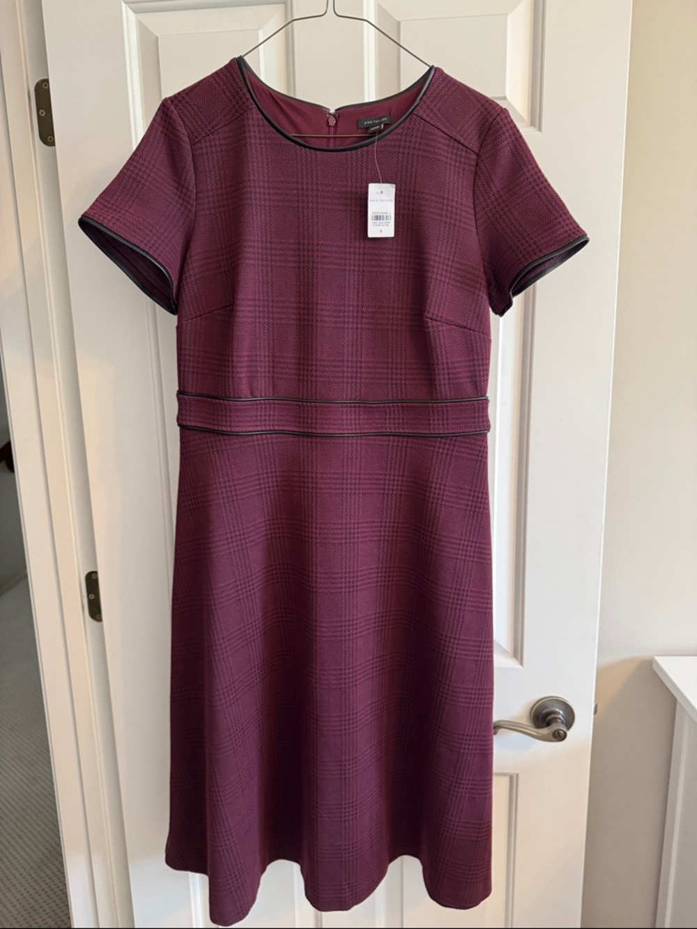 Ann Taylor Burgundy Plaid Short-Sleeve Fit & Flare Midi Dress